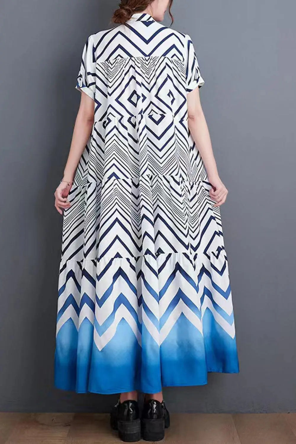 Blue Zone Planet |  Chevron Stripe Puff Sleeve Tiered Maxi Dress BLUE ZONE PLANET