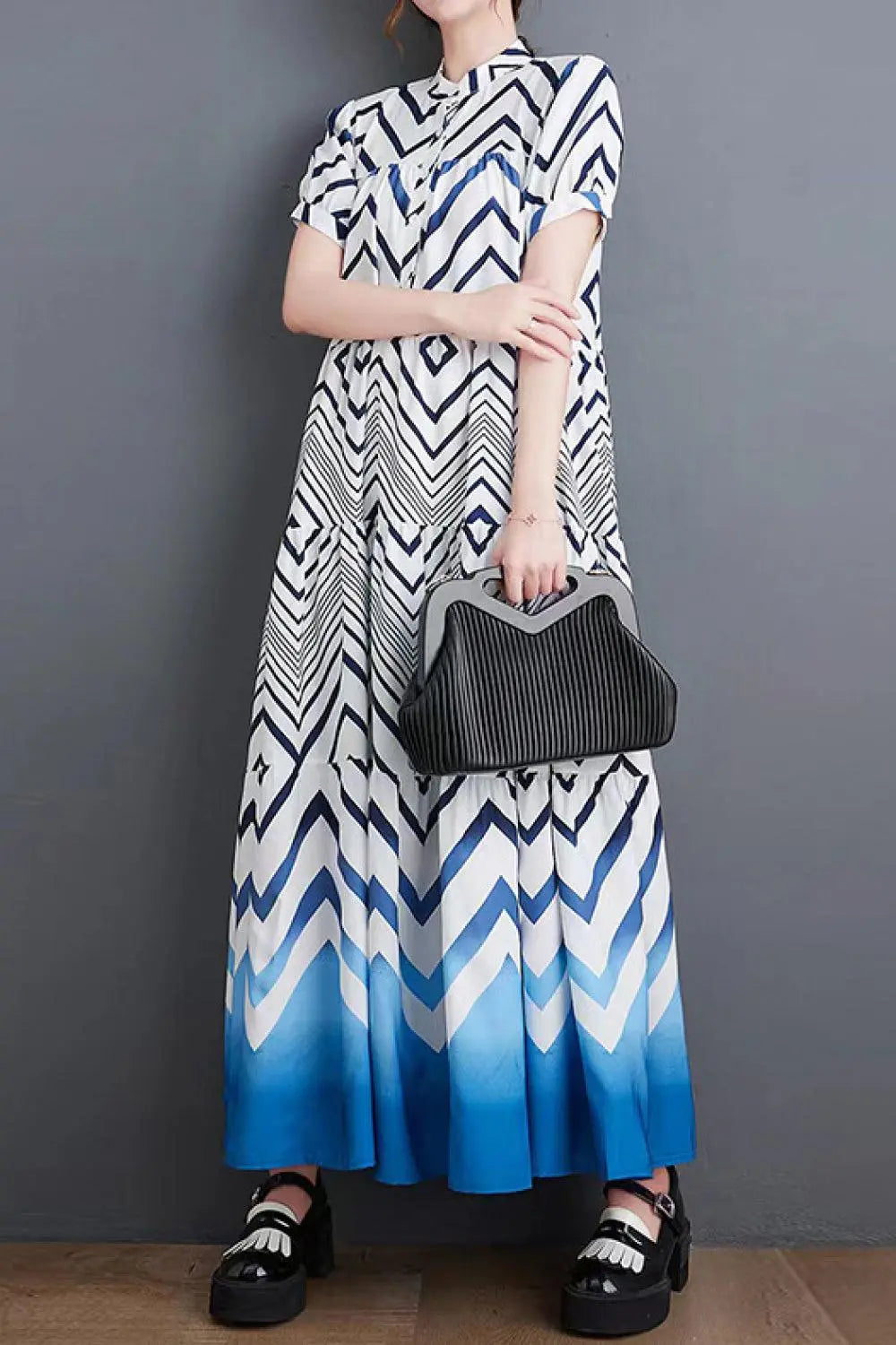 Blue Zone Planet |  Chevron Stripe Puff Sleeve Tiered Maxi Dress BLUE ZONE PLANET