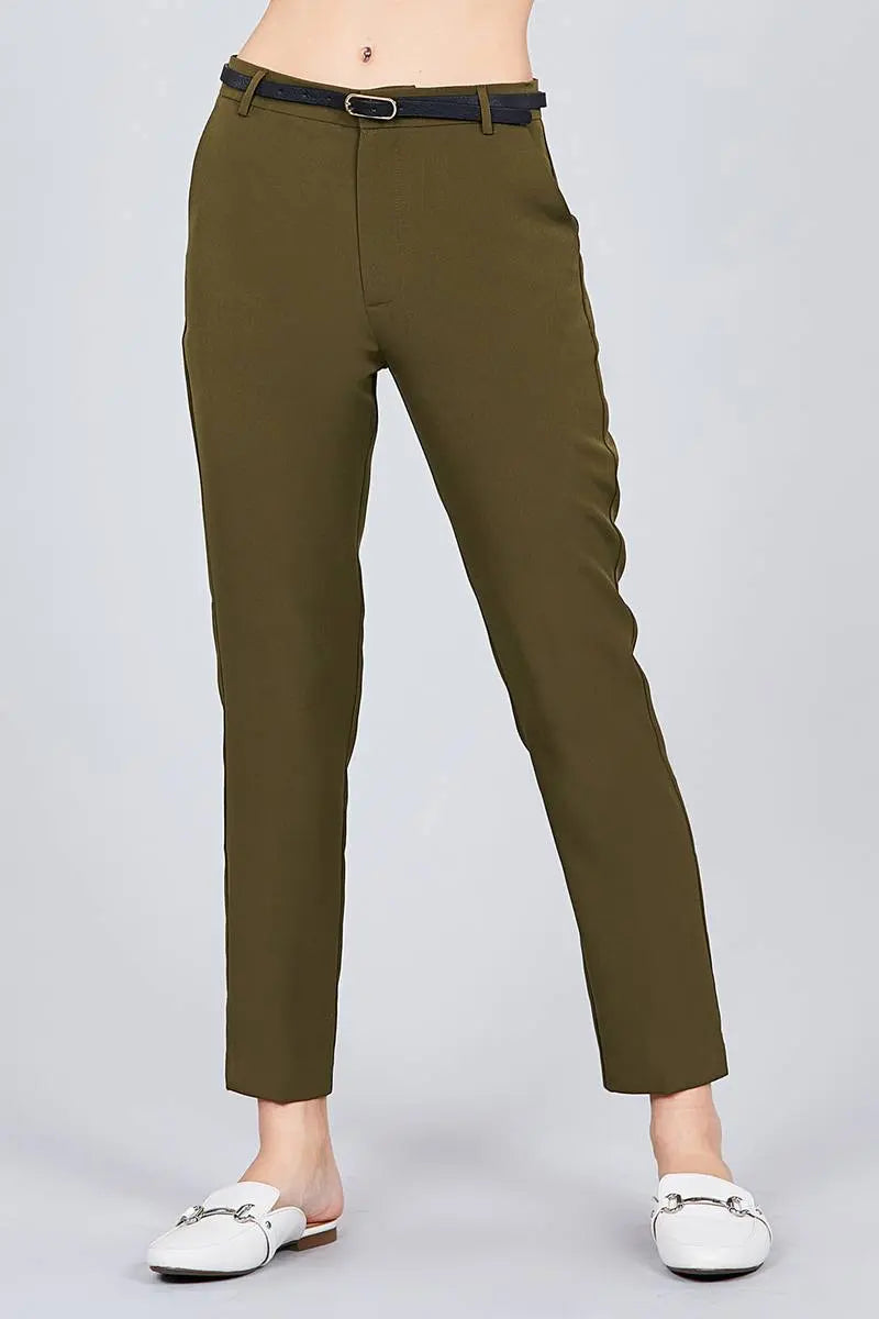 Blue Zone Planet |  Classic Woven Pants With Belt Blue Zone Planet