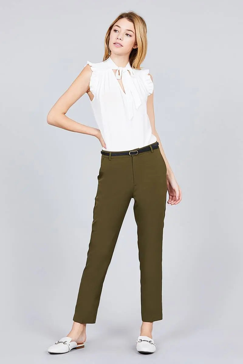 Blue Zone Planet |  Classic Woven Pants With Belt Blue Zone Planet