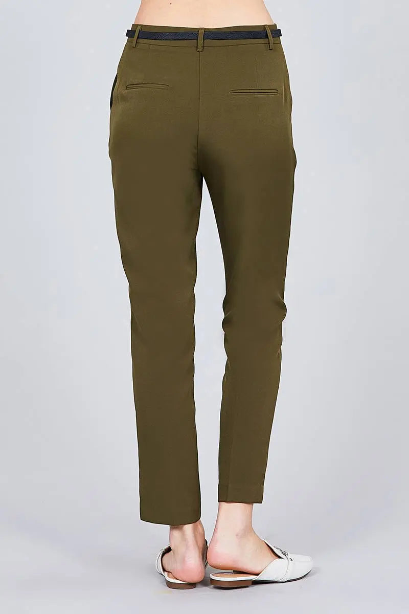 Blue Zone Planet |  Classic Woven Pants With Belt Blue Zone Planet