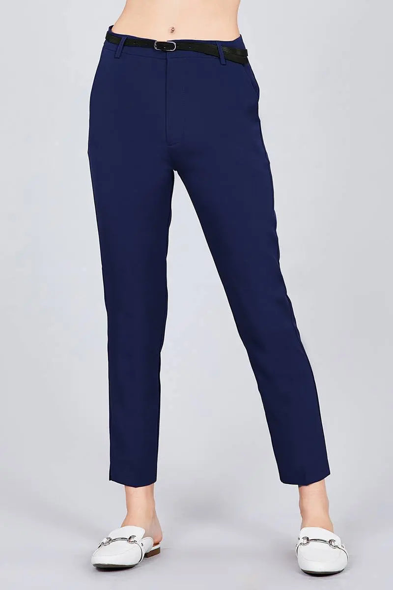 Blue Zone Planet |  Classic Woven Pants With Belt Blue Zone Planet