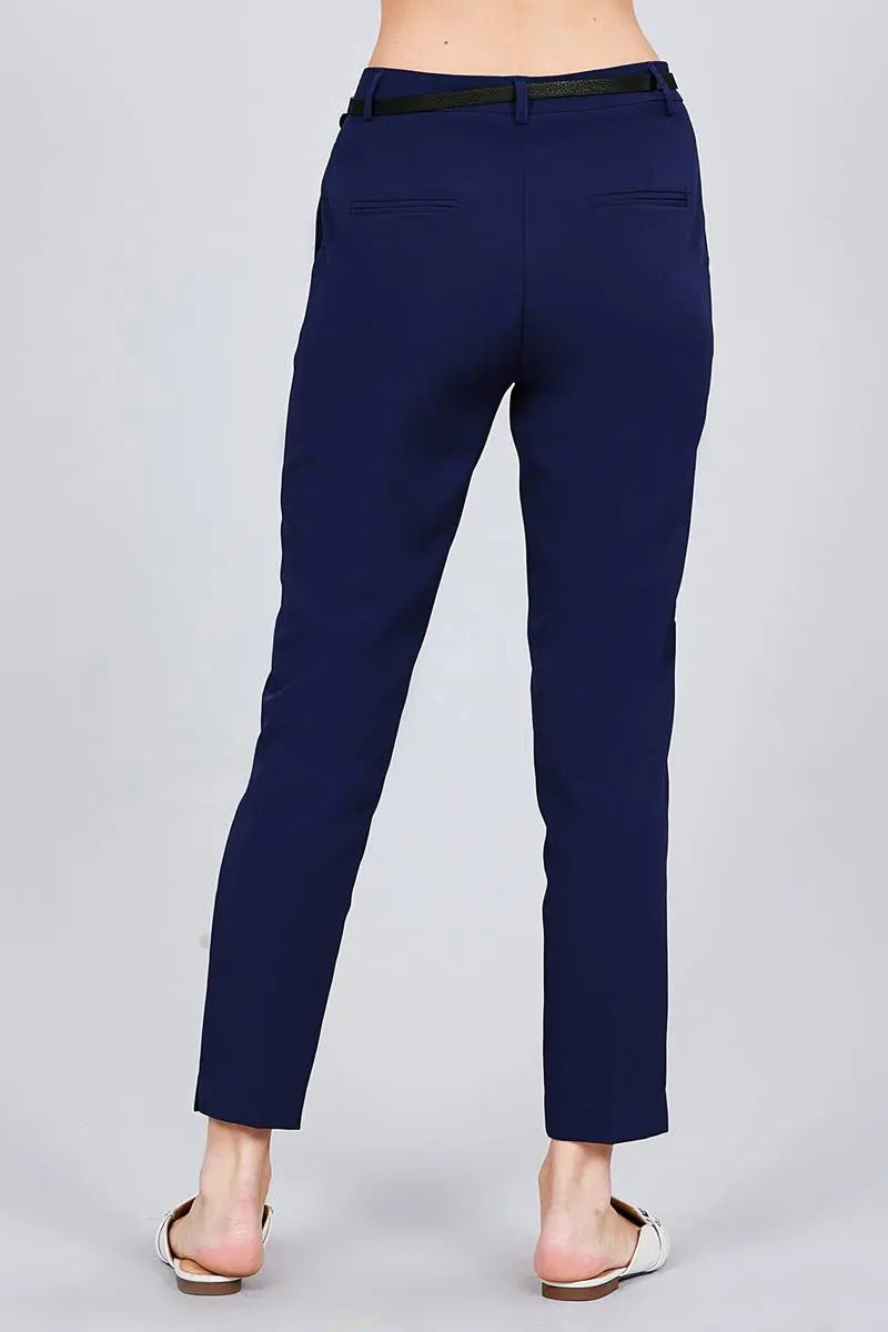 Blue Zone Planet |  Classic Woven Pants With Belt Blue Zone Planet