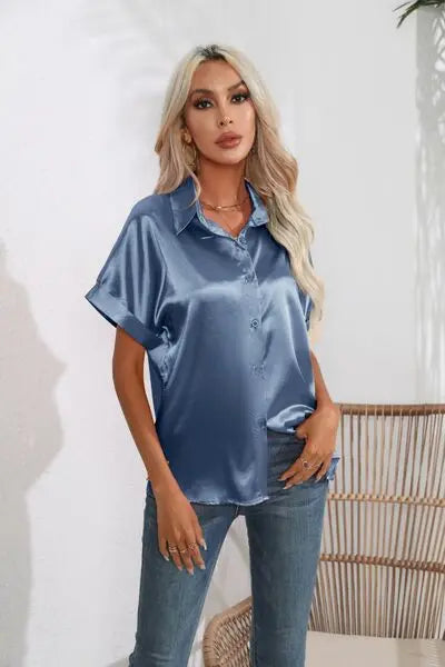 Blue Zone Planet |  Collared Neck Short Sleeve Shirt BLUE ZONE PLANET