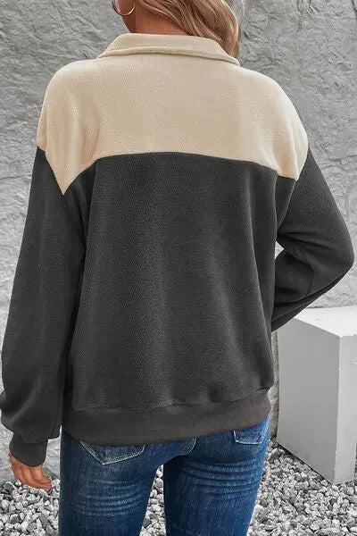 Blue Zone Planet |  Color Block Quarter Button Dropped Shoulder Sweatshirt BLUE ZONE PLANET