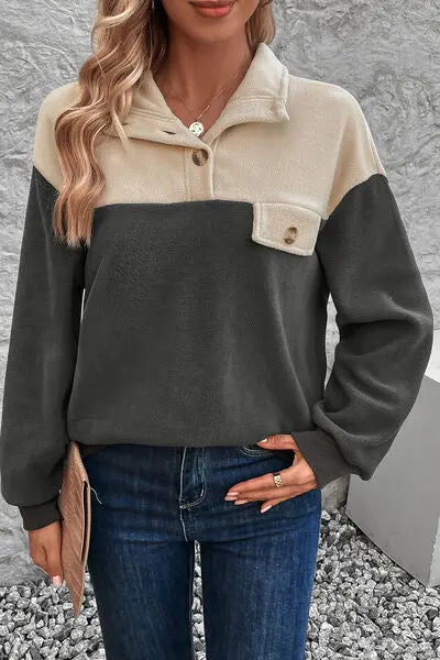 Blue Zone Planet |  Color Block Quarter Button Dropped Shoulder Sweatshirt BLUE ZONE PLANET