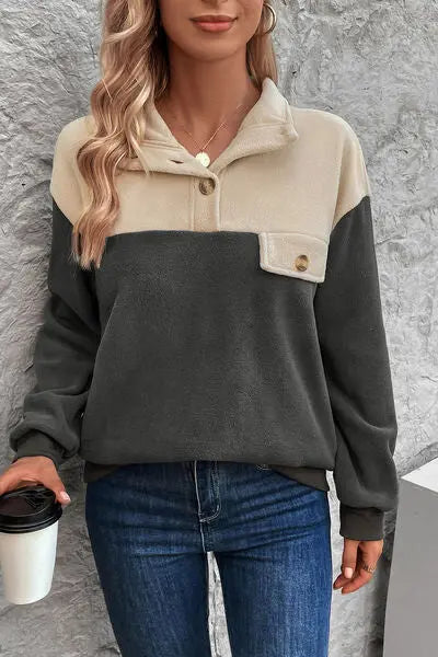 Blue Zone Planet |  Color Block Quarter Button Dropped Shoulder Sweatshirt BLUE ZONE PLANET
