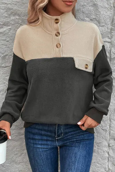 Blue Zone Planet |  Color Block Quarter Button Dropped Shoulder Sweatshirt BLUE ZONE PLANET
