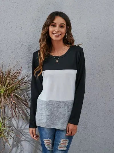Blue Zone Planet |  Color Block Round Neck Long Sleeve T-Shirt BLUE ZONE PLANET