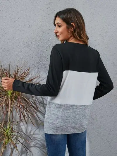 Blue Zone Planet |  Color Block Round Neck Long Sleeve T-Shirt BLUE ZONE PLANET