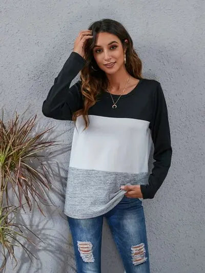 Blue Zone Planet |  Color Block Round Neck Long Sleeve T-Shirt BLUE ZONE PLANET
