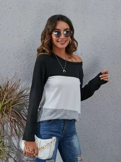 Blue Zone Planet |  Color Block Round Neck Long Sleeve T-Shirt BLUE ZONE PLANET