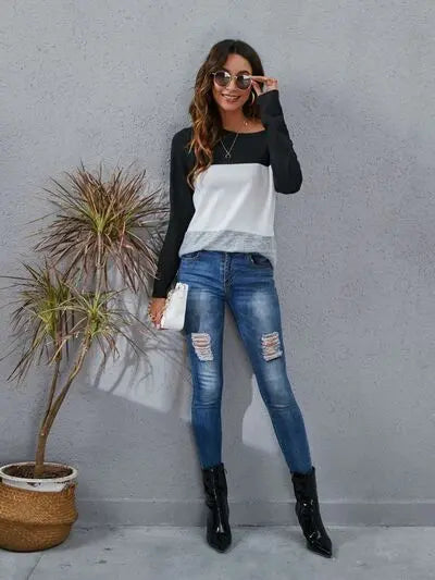 Blue Zone Planet |  Color Block Round Neck Long Sleeve T-Shirt BLUE ZONE PLANET