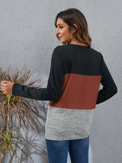 Blue Zone Planet |  Color Block Round Neck Long Sleeve T-Shirt BLUE ZONE PLANET