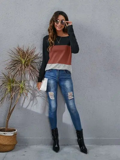 Blue Zone Planet |  Color Block Round Neck Long Sleeve T-Shirt BLUE ZONE PLANET