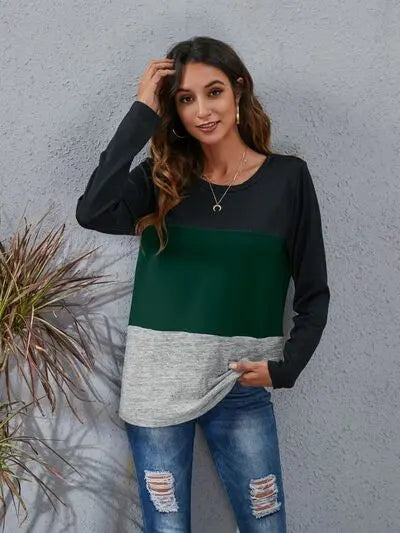 Blue Zone Planet |  Color Block Round Neck Long Sleeve T-Shirt BLUE ZONE PLANET