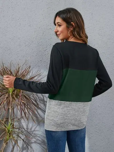 Blue Zone Planet |  Color Block Round Neck Long Sleeve T-Shirt BLUE ZONE PLANET