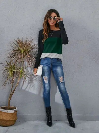 Blue Zone Planet |  Color Block Round Neck Long Sleeve T-Shirt BLUE ZONE PLANET