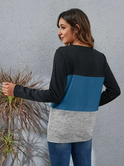 Blue Zone Planet |  Color Block Round Neck Long Sleeve T-Shirt BLUE ZONE PLANET