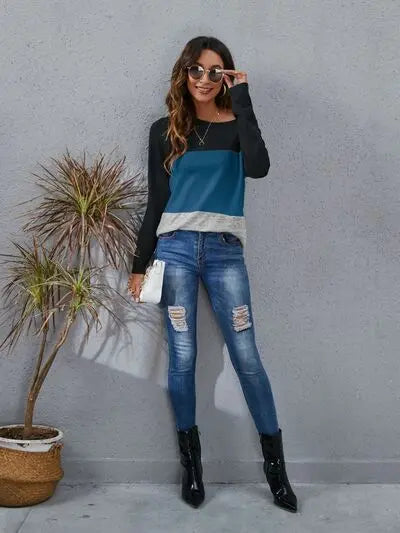 Blue Zone Planet |  Color Block Round Neck Long Sleeve T-Shirt BLUE ZONE PLANET