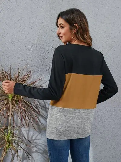Blue Zone Planet |  Color Block Round Neck Long Sleeve T-Shirt BLUE ZONE PLANET