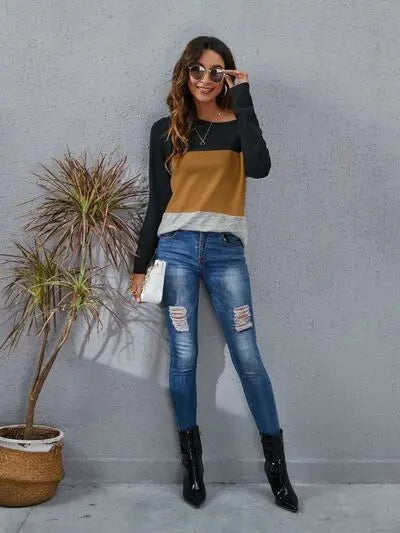 Blue Zone Planet |  Color Block Round Neck Long Sleeve T-Shirt BLUE ZONE PLANET