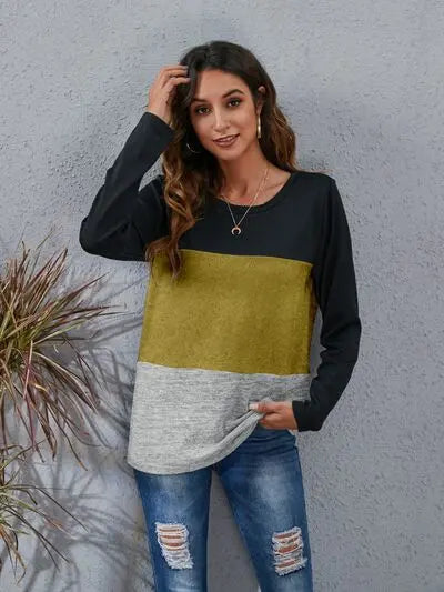 Blue Zone Planet |  Color Block Round Neck Long Sleeve T-Shirt BLUE ZONE PLANET