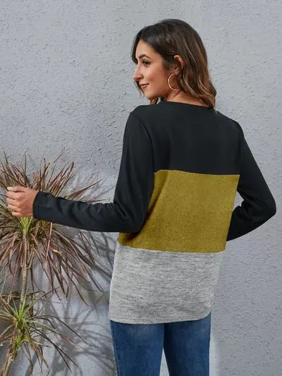 Blue Zone Planet |  Color Block Round Neck Long Sleeve T-Shirt BLUE ZONE PLANET