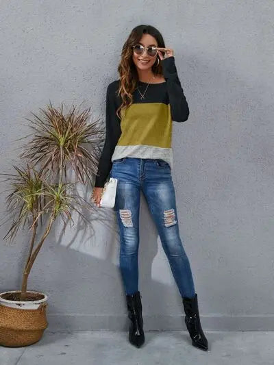 Blue Zone Planet |  Color Block Round Neck Long Sleeve T-Shirt BLUE ZONE PLANET
