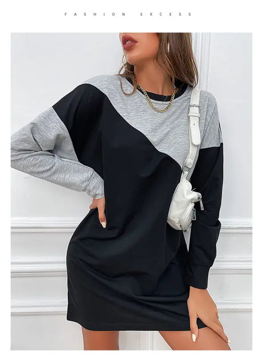 Blue Zone Planet |  Contrast Color Block Loose Sweater Mini Dress with Long Sleeves BLUE ZONE PLANET