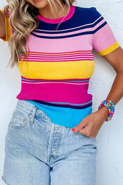 Blue Zone Planet |  Contrast Round Neck Short Sleeve Sweater BLUE ZONE PLANET