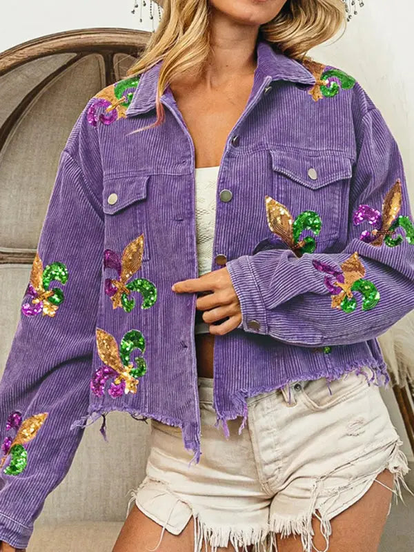Blue Zone Planet |  Corduroy and sequined tassel baseball jacket BLUE ZONE PLANET