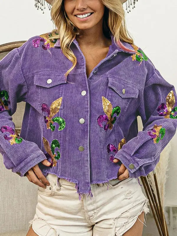 Blue Zone Planet |  Corduroy and sequined tassel baseball jacket BLUE ZONE PLANET