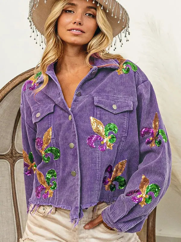 Blue Zone Planet |  Corduroy and sequined tassel baseball jacket BLUE ZONE PLANET