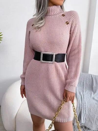 Blue Zone Planet |  Decorative Button Turtleneck Sweater Dress BLUE ZONE PLANET