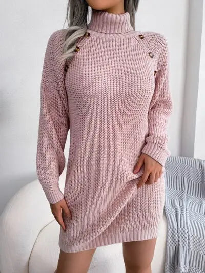Blue Zone Planet |  Decorative Button Turtleneck Sweater Dress BLUE ZONE PLANET
