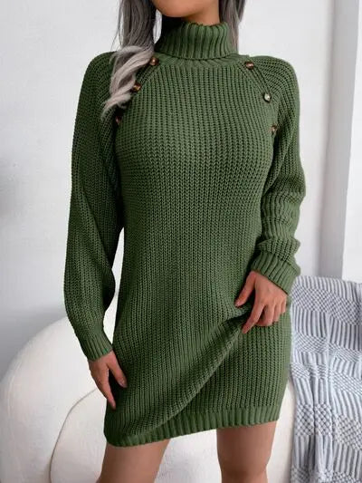 Blue Zone Planet |  Decorative Button Turtleneck Sweater Dress BLUE ZONE PLANET
