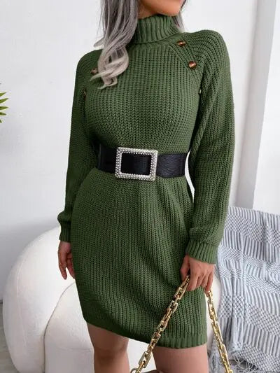 Blue Zone Planet |  Decorative Button Turtleneck Sweater Dress BLUE ZONE PLANET