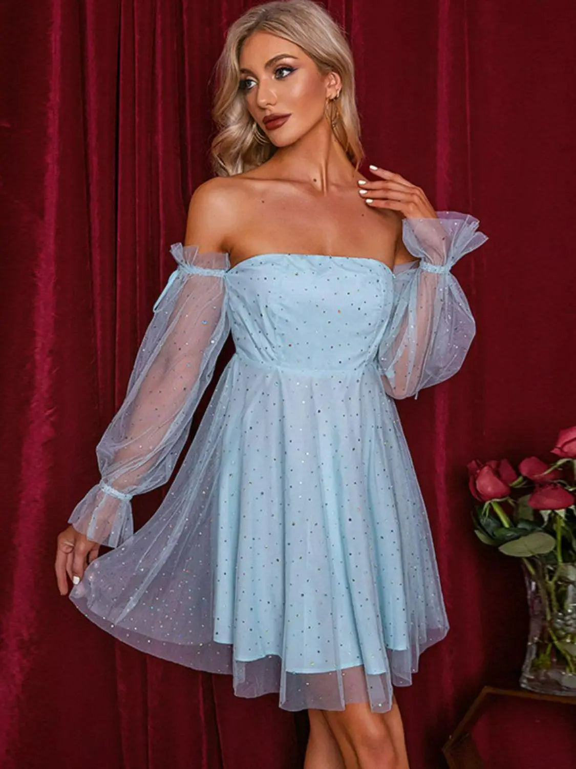 Blue Zone Planet |  Double Crazy Glitter Off-Shoulder Mesh Flounce Sleeve A-Line Mini Dress BLUE ZONE PLANET