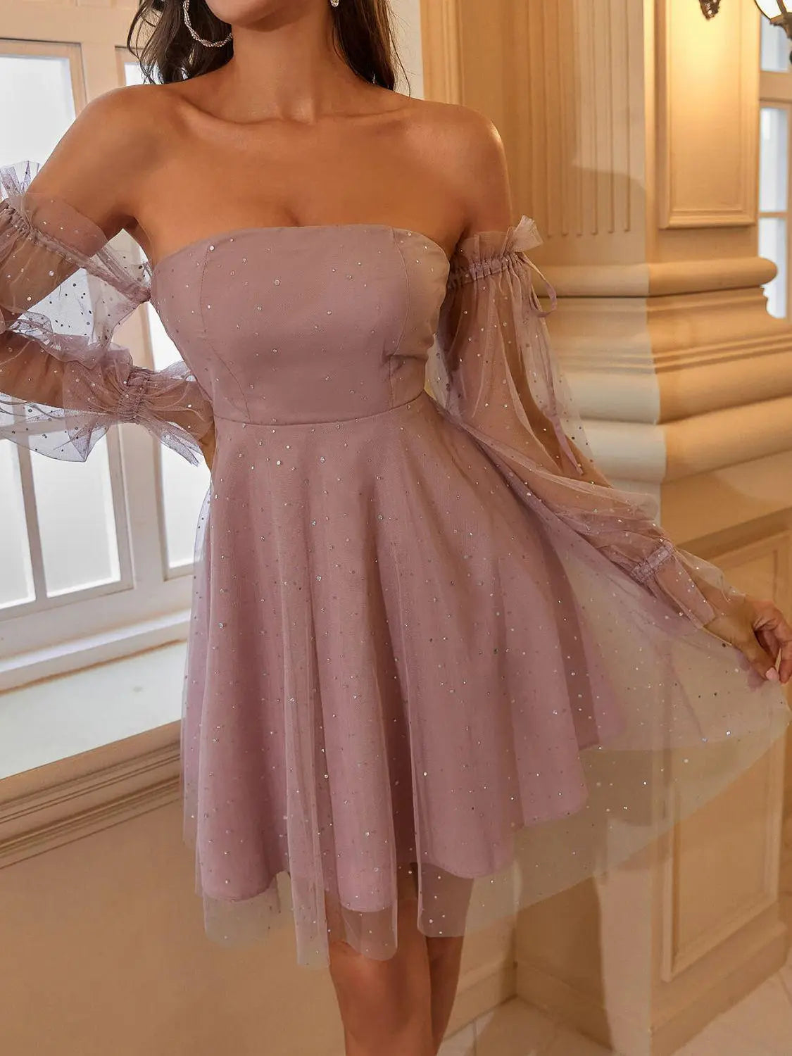 Blue Zone Planet |  Double Crazy Glitter Off-Shoulder Mesh Flounce Sleeve A-Line Mini Dress BLUE ZONE PLANET