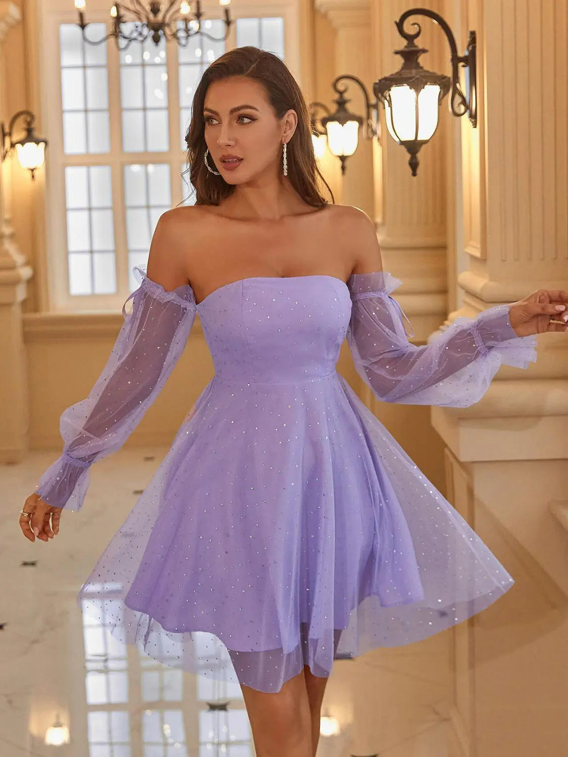 Blue Zone Planet |  Double Crazy Glitter Off-Shoulder Mesh Flounce Sleeve A-Line Mini Dress BLUE ZONE PLANET