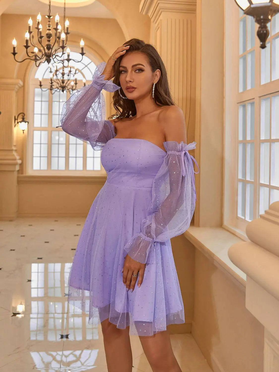 Blue Zone Planet |  Double Crazy Glitter Off-Shoulder Mesh Flounce Sleeve A-Line Mini Dress BLUE ZONE PLANET