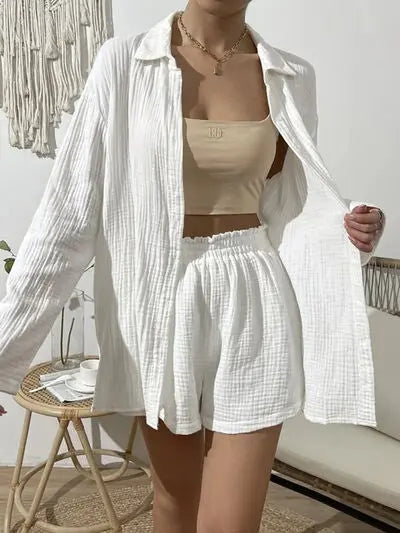 Blue Zone Planet |  Dropped Shoulder Button Up Top and Elastic Waist Shorts Set BLUE ZONE PLANET