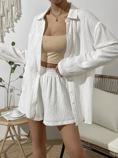 Blue Zone Planet |  Dropped Shoulder Button Up Top and Elastic Waist Shorts Set BLUE ZONE PLANET