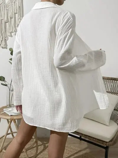 Blue Zone Planet |  Dropped Shoulder Button Up Top and Elastic Waist Shorts Set BLUE ZONE PLANET