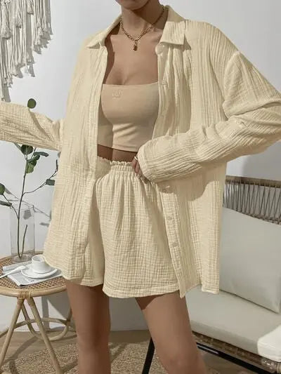 Blue Zone Planet |  Dropped Shoulder Button Up Top and Elastic Waist Shorts Set BLUE ZONE PLANET