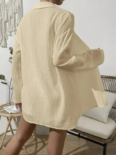 Blue Zone Planet |  Dropped Shoulder Button Up Top and Elastic Waist Shorts Set BLUE ZONE PLANET
