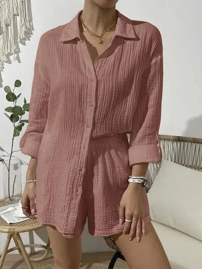 Blue Zone Planet |  Dropped Shoulder Button Up Top and Elastic Waist Shorts Set BLUE ZONE PLANET