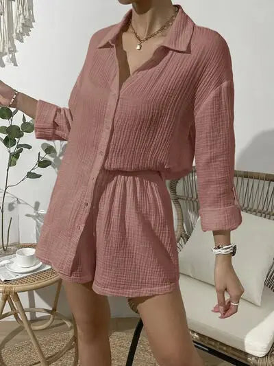 Blue Zone Planet |  Dropped Shoulder Button Up Top and Elastic Waist Shorts Set BLUE ZONE PLANET
