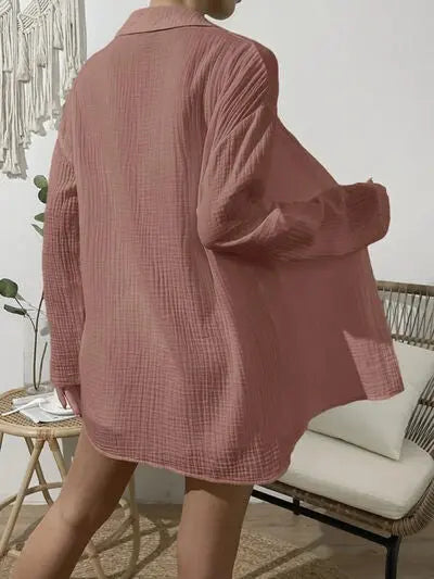 Blue Zone Planet |  Dropped Shoulder Button Up Top and Elastic Waist Shorts Set BLUE ZONE PLANET